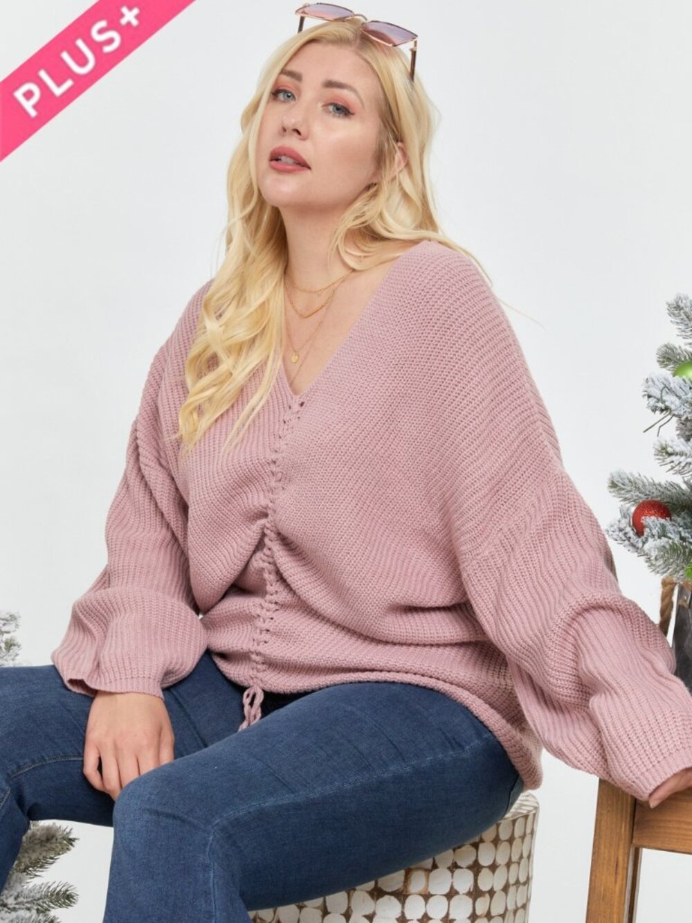 NEW IN!  - Plus Size Ribbed V Neck Ruched Drawstring Pullover Sweater in Mauve